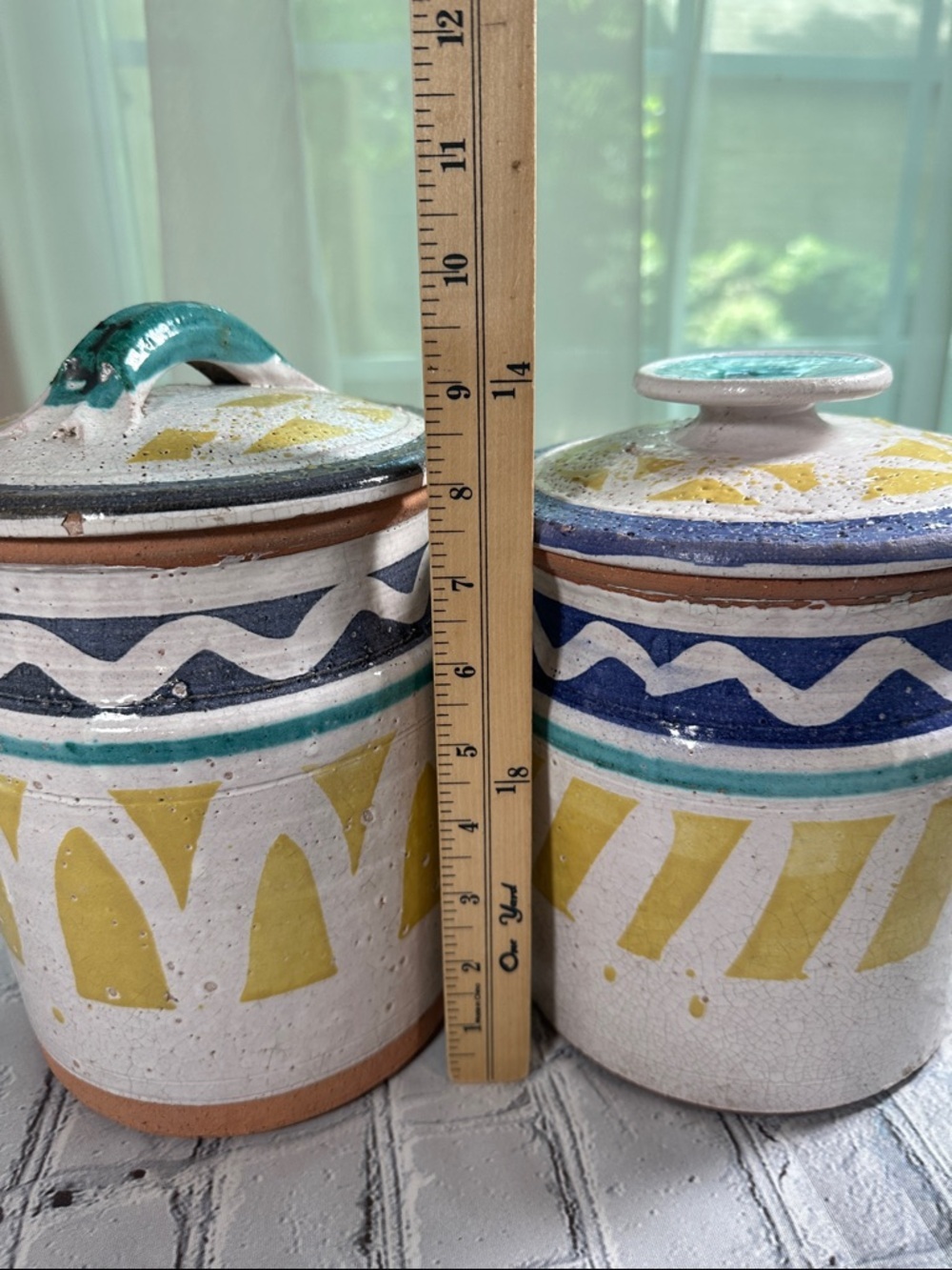 2 Navajo Southwestern Pottery Canisters Handmade 9-10” turquoise yellow blue - Picture 4 of 16